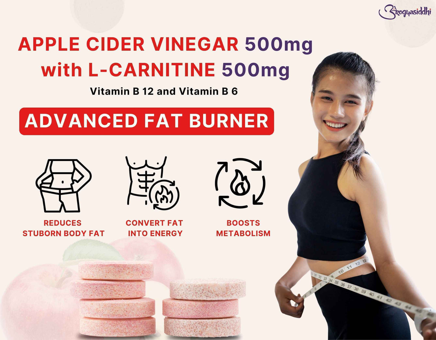 Apple Cider Vinegar 500mg with L-Carnitine 500mg, Advanced Fat Burner ( 10 Effervescent Tablets )