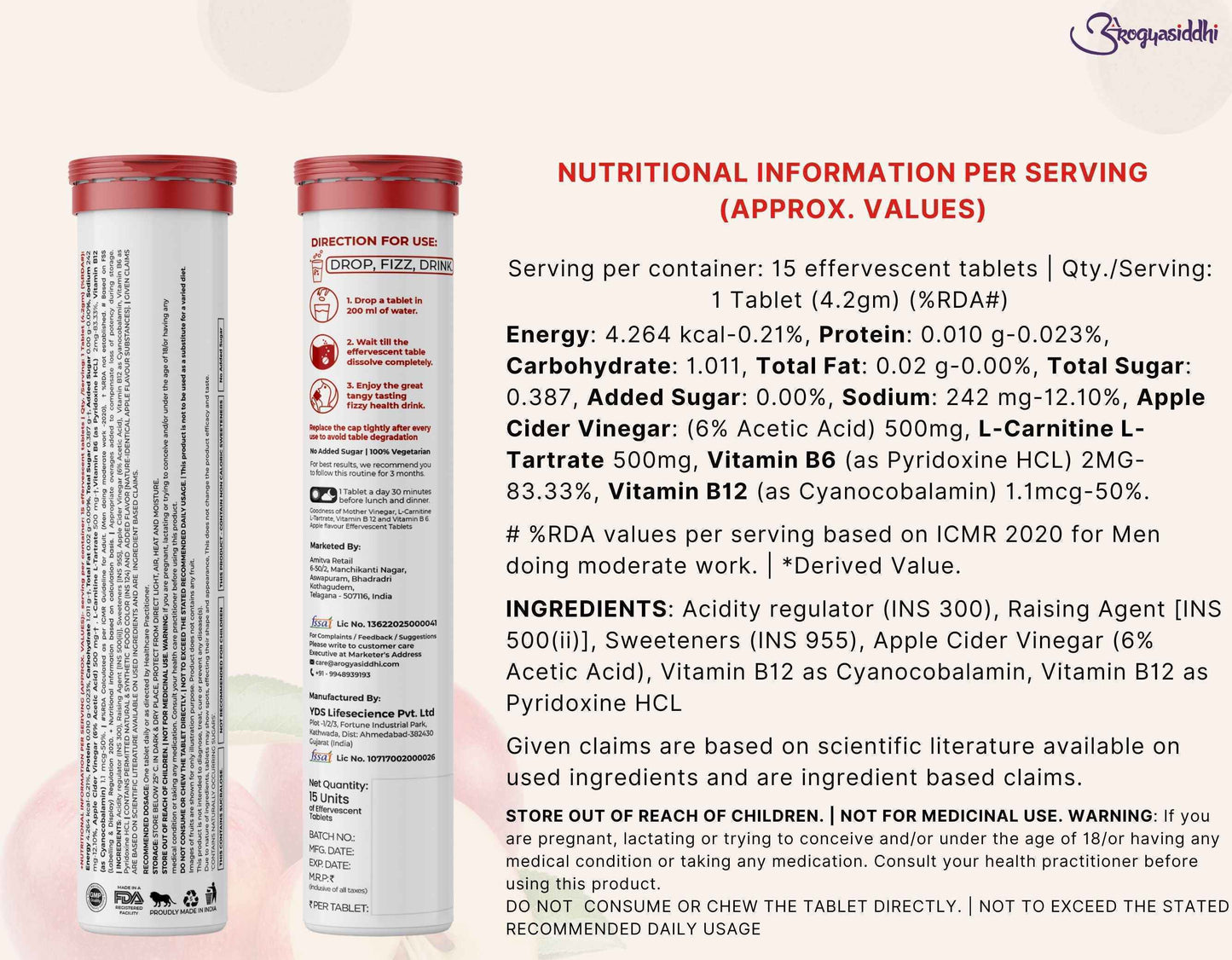 Apple Cider Vinegar 500mg with L-Carnitine 500mg, Advanced Fat Burner ( 10 Effervescent Tablets )