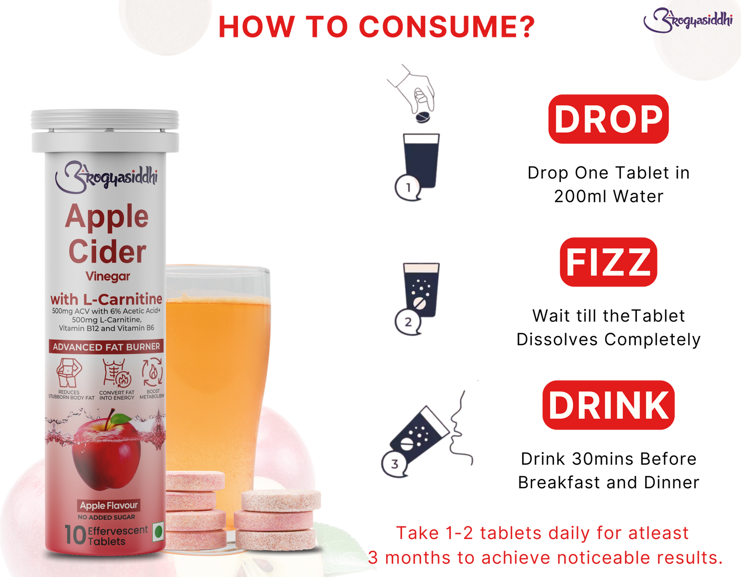 Apple Cider Vinegar 500mg with L-Carnitine 500mg, Advanced Fat Burner ( 10 Effervescent Tablets )