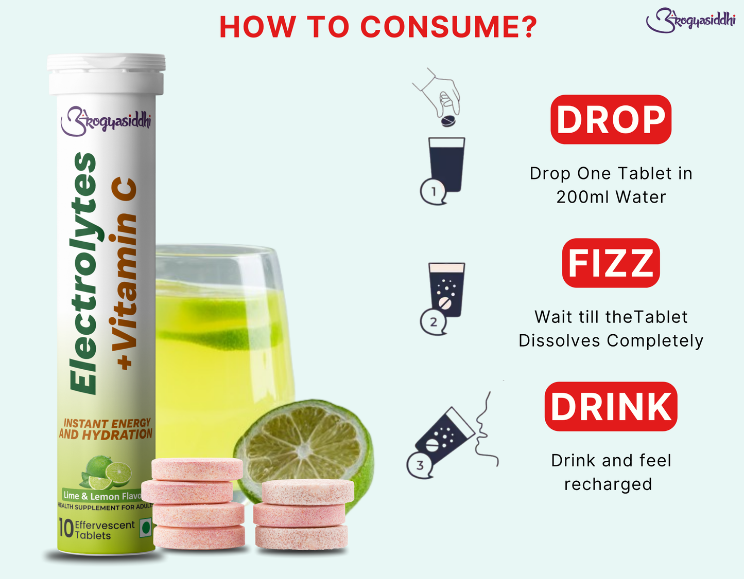 Electrolytes with Vitamin C for Instant Energy and Hydration, Lime&Lemon Drink, 10 Effervescent Tablets