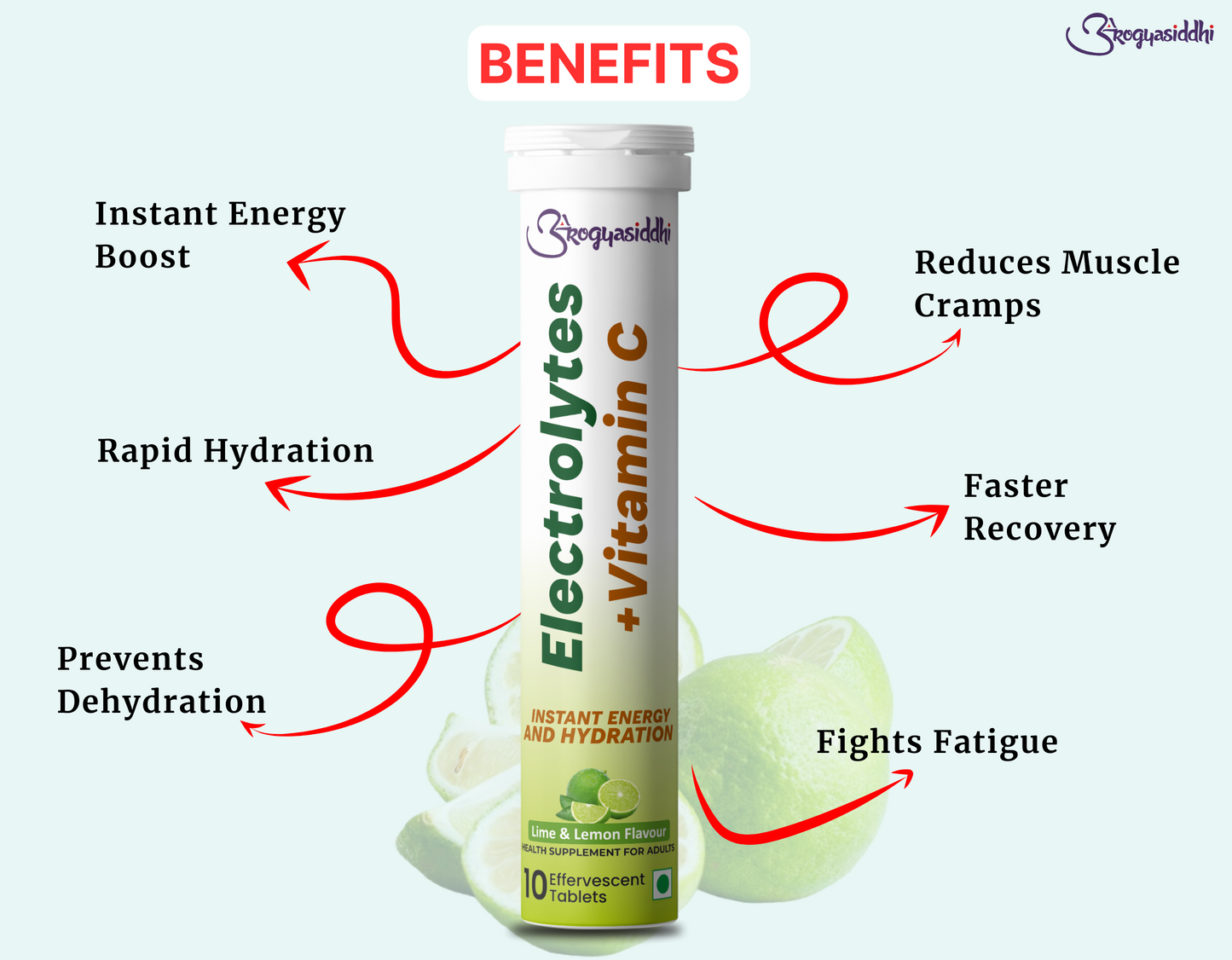Electrolytes with Vitamin C for Instant Energy and Hydration, Lime&Lemon Drink, 10 Effervescent Tablets