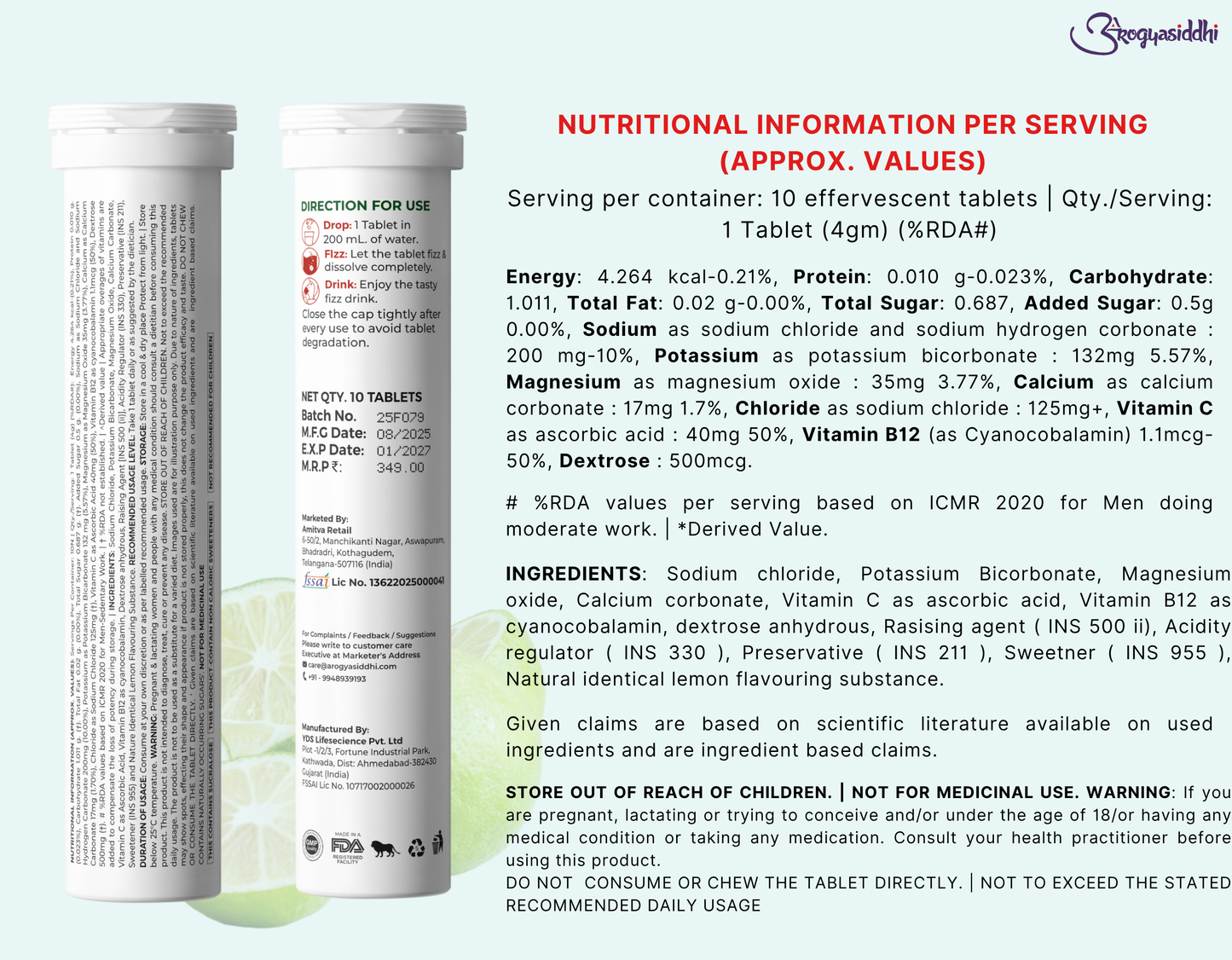 Electrolytes with Vitamin C for Instant Energy and Hydration, Lime&Lemon Drink, 10 Effervescent Tablets