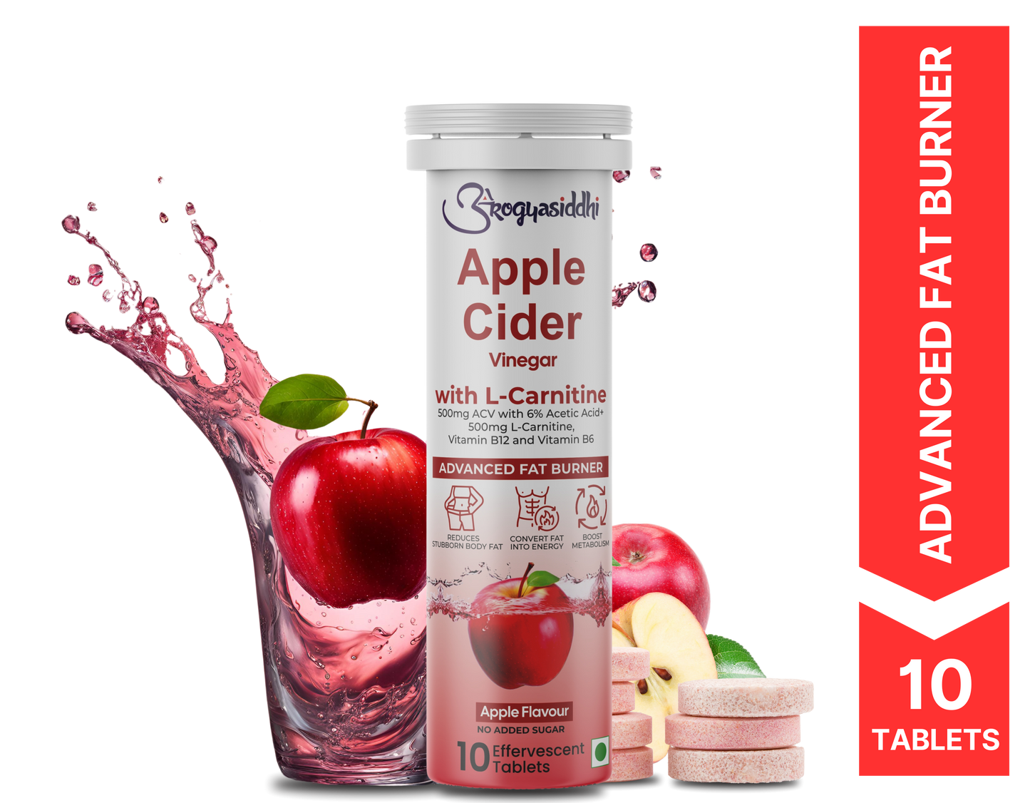 Apple Cider Vinegar 500mg with L-Carnitine 500mg, Advanced Fat Burner ( 10 Effervescent Tablets )