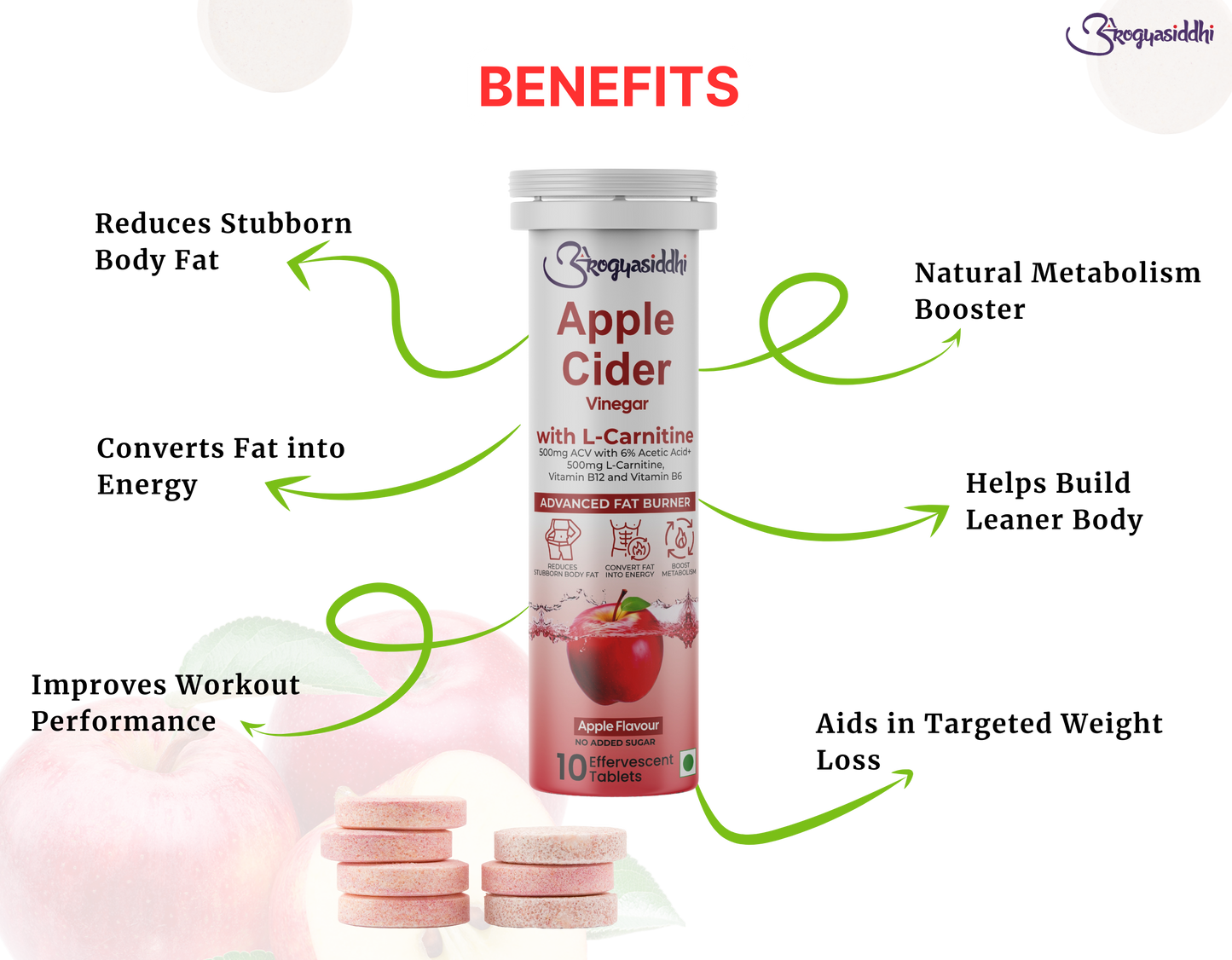 Apple Cider Vinegar 500mg with L-Carnitine 500mg, Advanced Fat Burner ( 10 Effervescent Tablets )