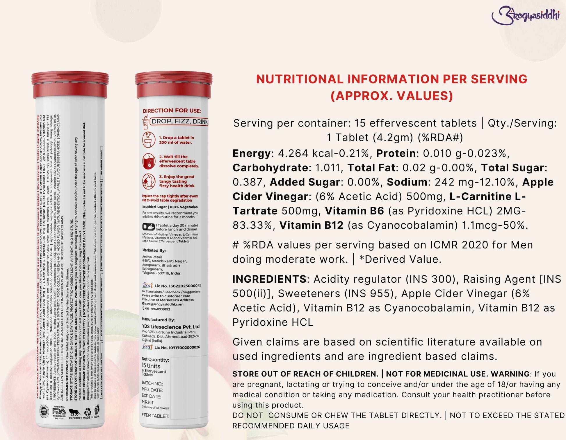 Apple Cider Vinegar 500mg with L-Carnitine 500mg, Advanced Fat Burner ( 10 Effervescent Tablets )