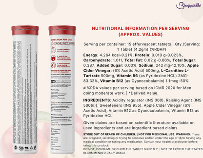 Apple Cider Vinegar 500mg with L-Carnitine 500mg, Advanced Fat Burner ( 10 Effervescent Tablets )