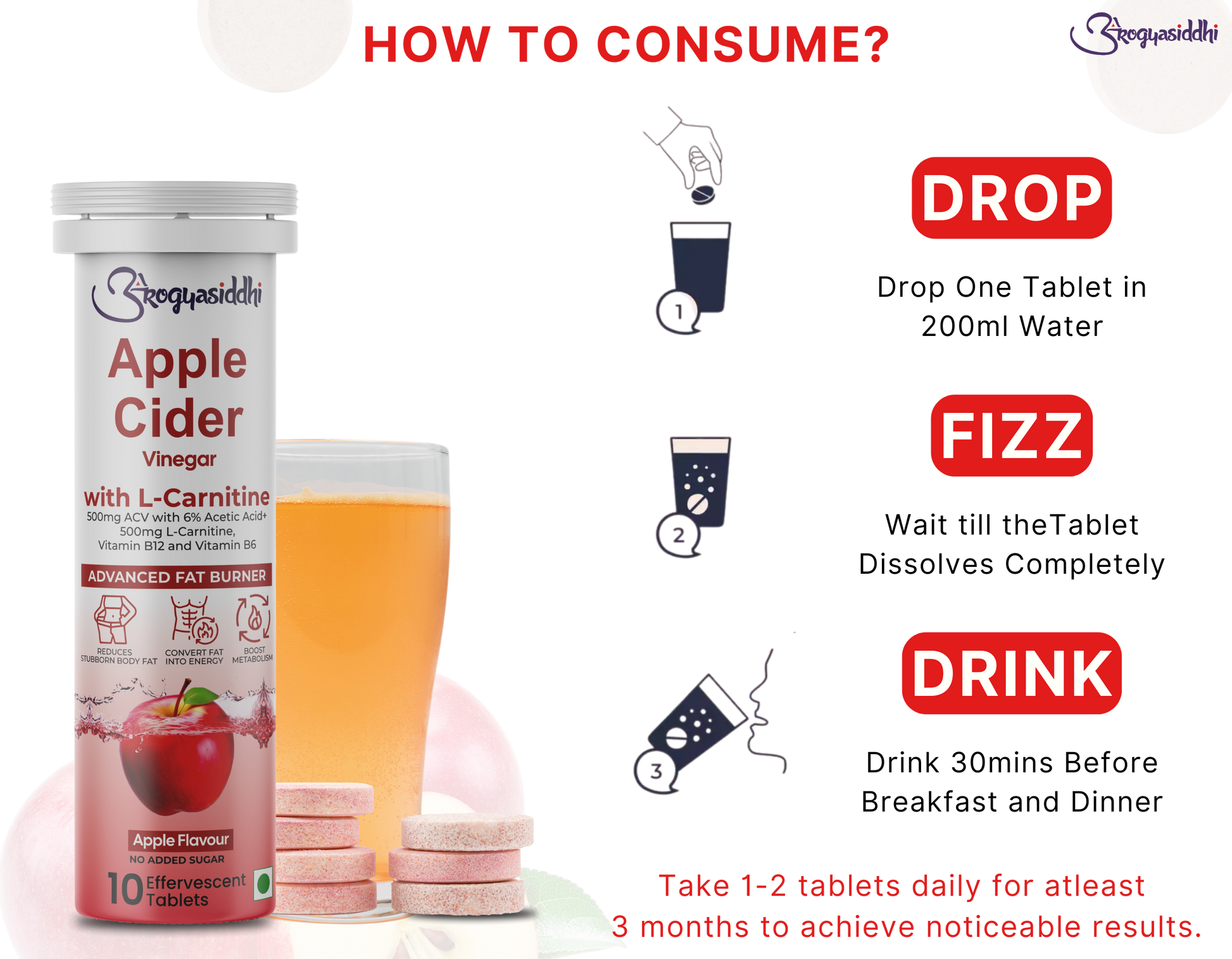 Apple Cider Vinegar 500mg with L-Carnitine 500mg, Advanced Fat Burner ( 10 Effervescent Tablets )