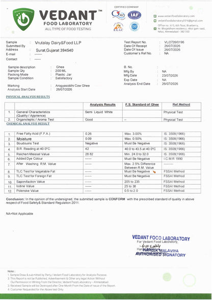 A food testing report and certificate 