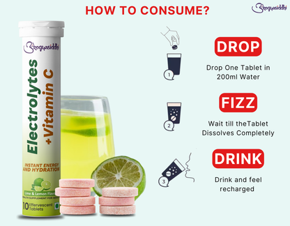 Electrolytes with Vitamin C for Instant Energy and Hydration, Lime&Lemon Drink, 10 Effervescent Tablets