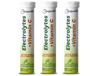 Electrolytes with Vitamin C for Instant Energy and Hydration, Lime&Lemon Drink, 10 Effervescent Tablets - Pack of 3